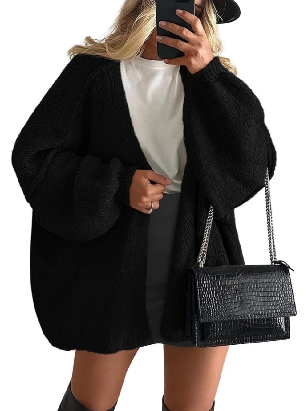 Women's Black Soft Chunky Knit Baggy Loose Fit Open Front Oversized Sweater